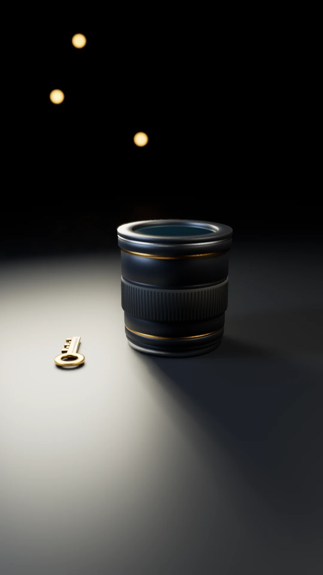 A self-initiated 3D lens study, with gold details and out-of-focus lights behind it.