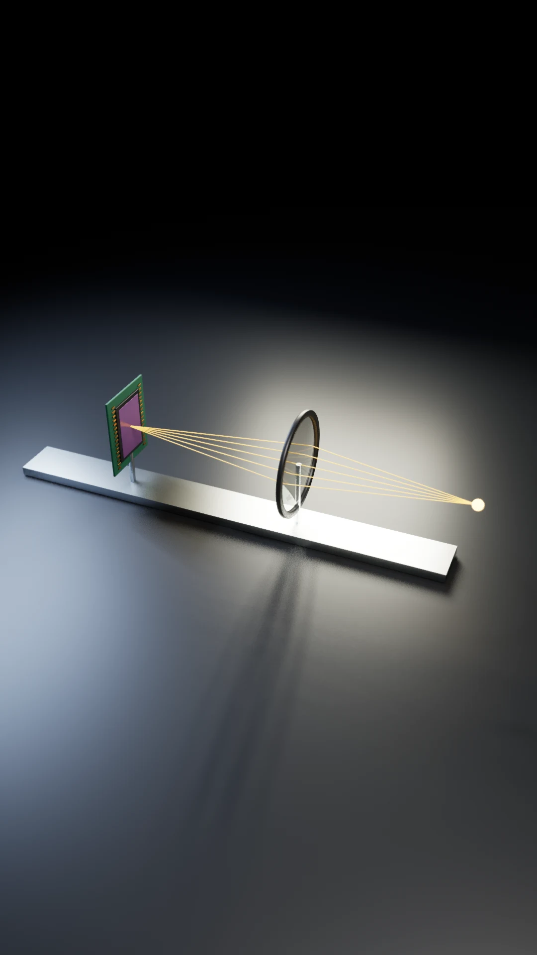 A 3D diagram with a lens, sensor and visible lines illustrating light paths.